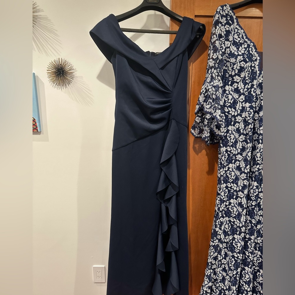 Xscape evening gown, body con, fitted off shoulder. Navy, Ruffle, ruched back.